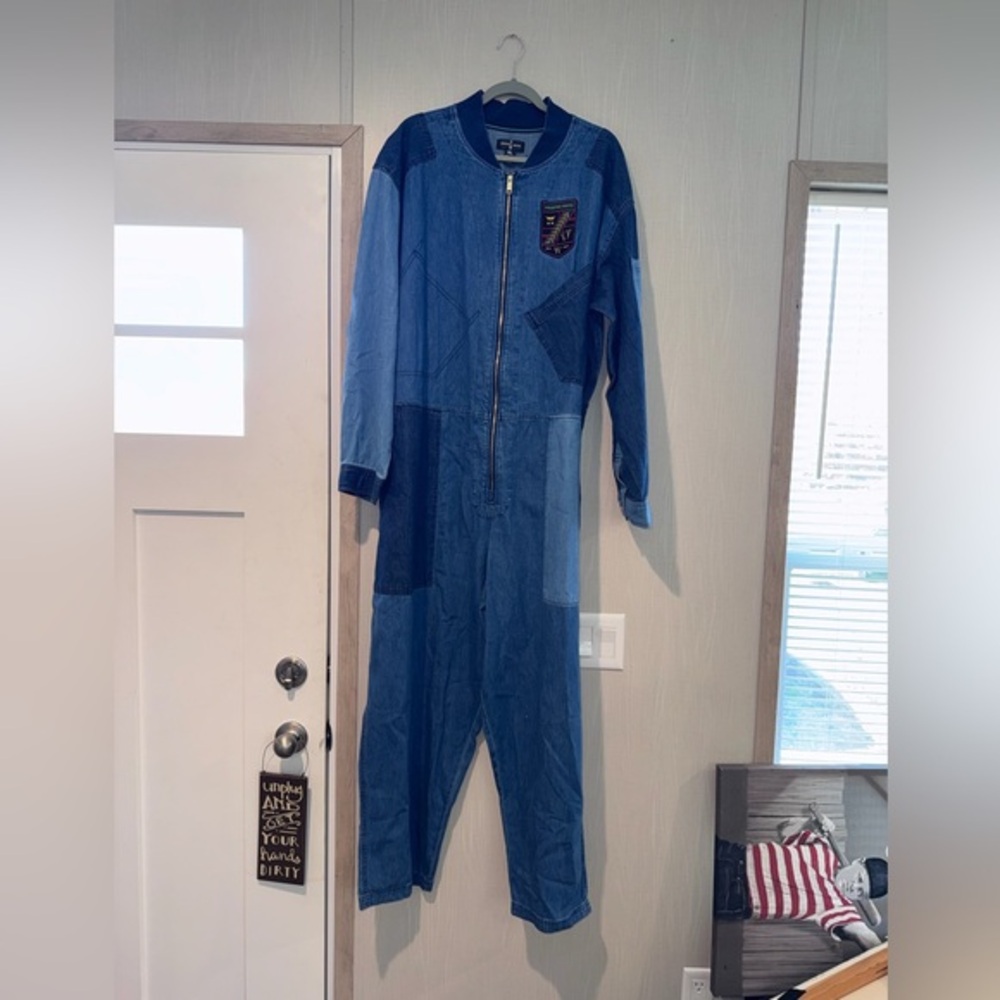 Houston White X Target Collab Blue Denim Long Sleeve Patchwork Jumpsuit